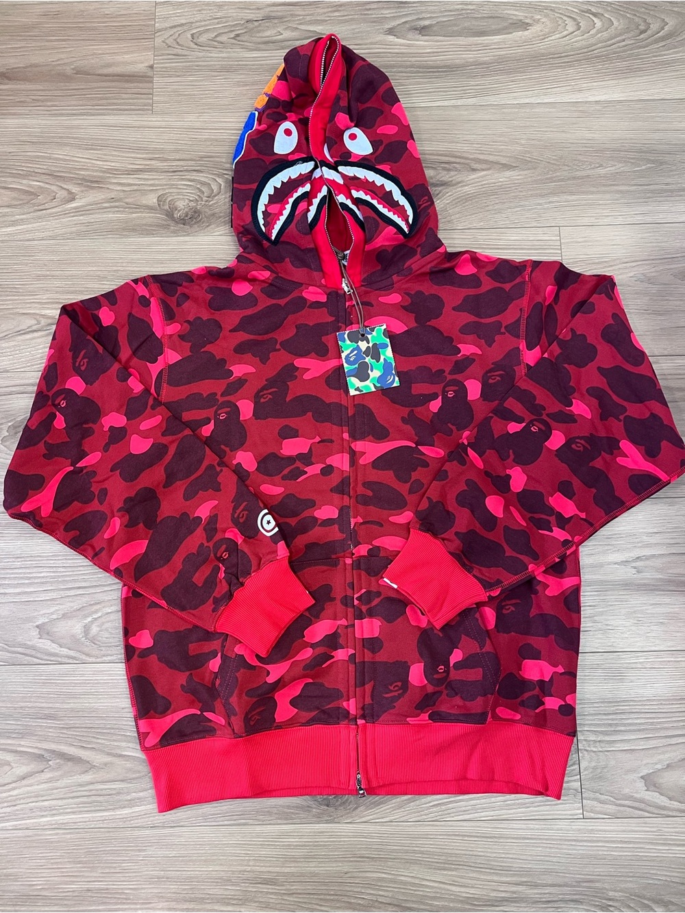 A Bathing Ape Shark Full Zip Hoodie Red & Black Camo
